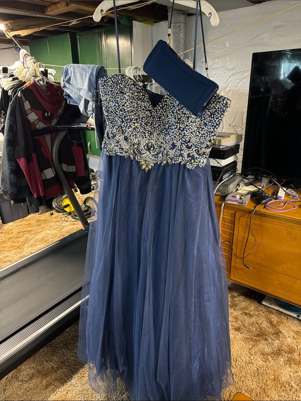 Plus Size Navy Beaded Prom Dress with Matching Clutch
